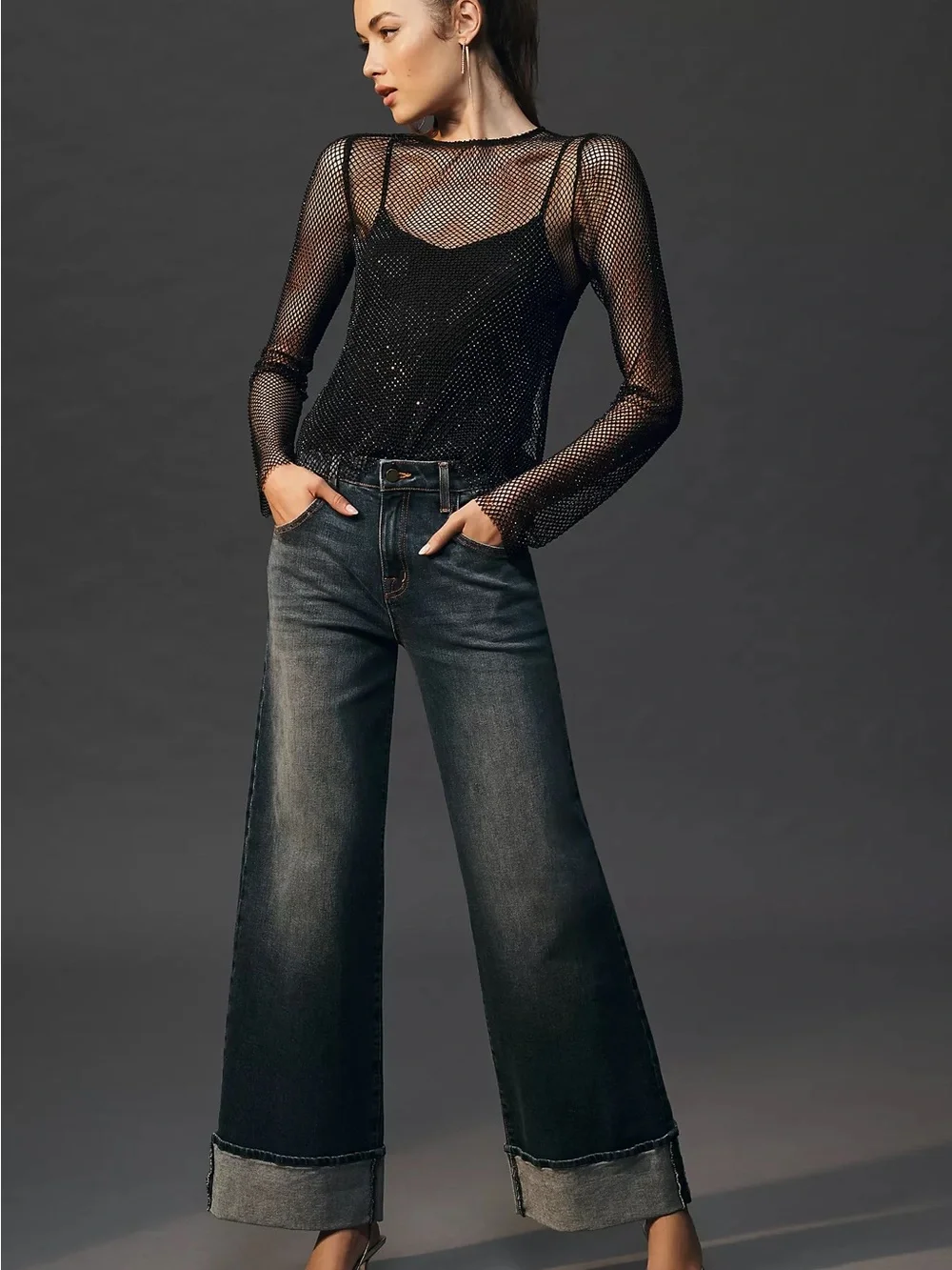 Anthropologie Rhinestone Mesh Long Sleeve Top Black Sheer XS